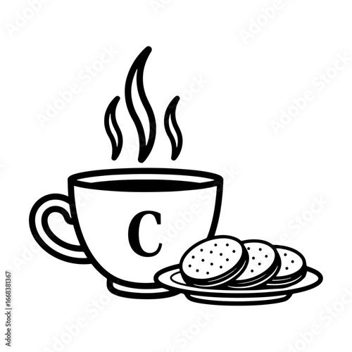 A portrait of a coffee cup and biscuits, an ideal sketch to enjoy in leisure time. It symbolizes friendship and comfort, and conveys the warmth of the moment.