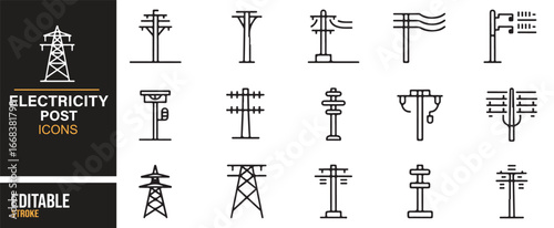 Collection of electricity post icons for energy, transmission, and industrial use.
