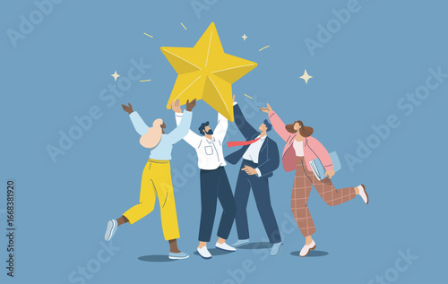 Business team celebrating star award recognition success.