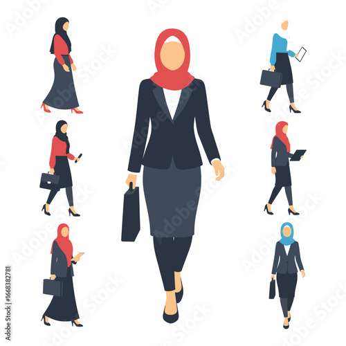 Vector Illustration of Muslim Businesswoman in Hijab with Briefcase, Tablet, and Professional Office Outfit