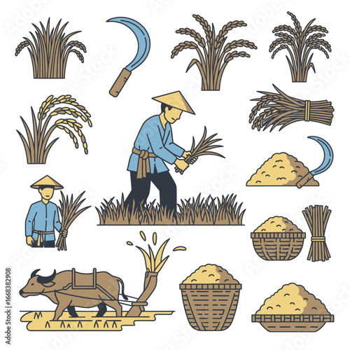 Vector elements set of rice farmers, buffalo plowing rice fields, sickles, rice