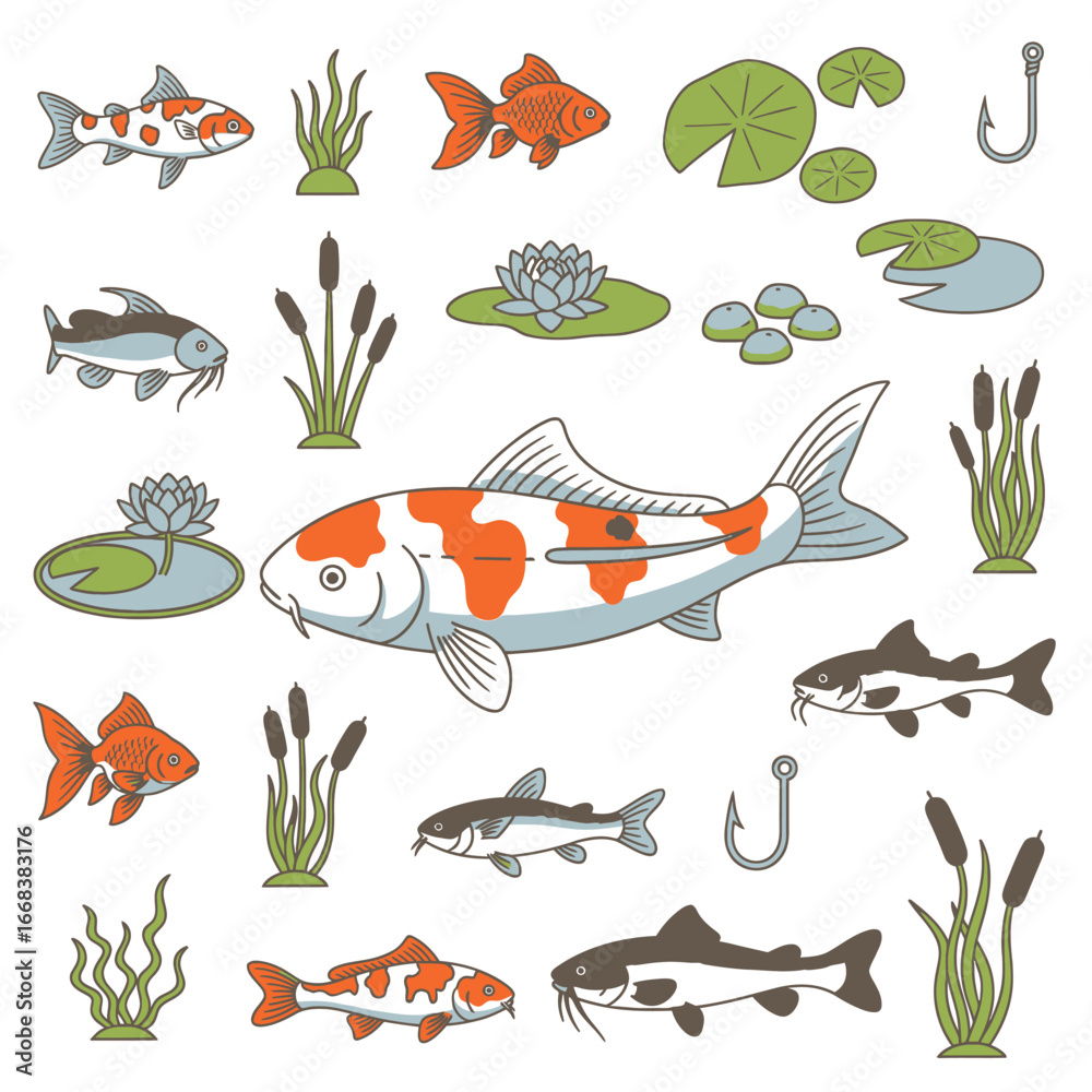 Obraz premium Vector element set of koi fish, aquarium fish, aquatic plants.