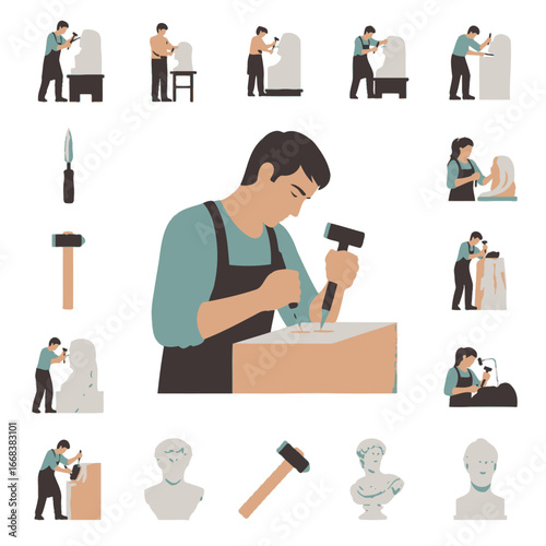 Vector element set of male sculptor statues