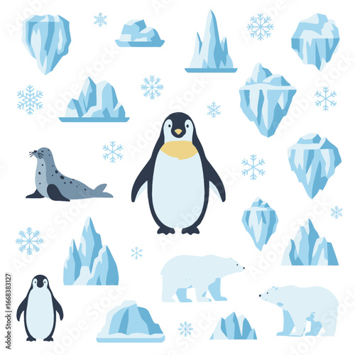 Vector element set of polar world, iceberg, snow, penguin, sea lion.