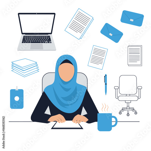 Vector element set hijab women business workspace data laptop