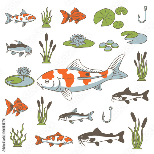 Vector element set of koi fish, aquarium fish, aquatic plants.
