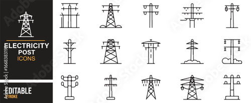 Line icons of electricity towers, distribution poles, and transmission systems.