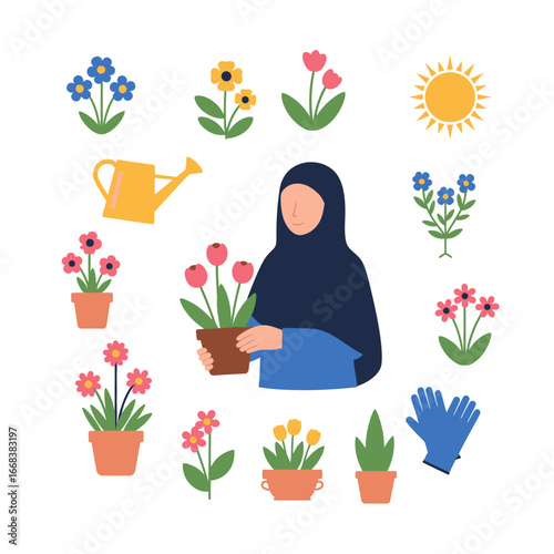 Set of vector elements of Islamic hijab women with flower plants