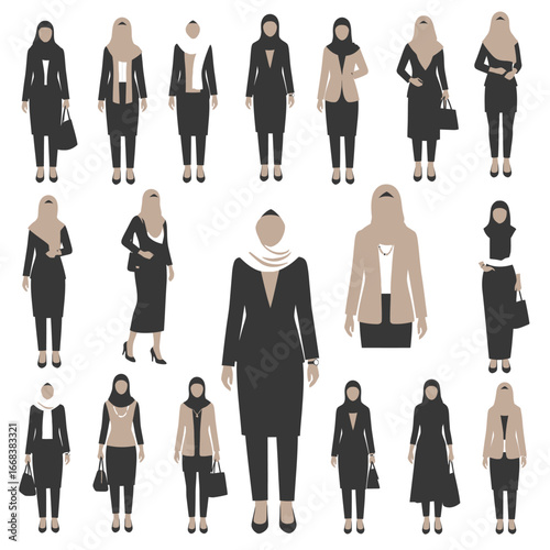 Set of formal women's hijab fashion style vector elements with suits