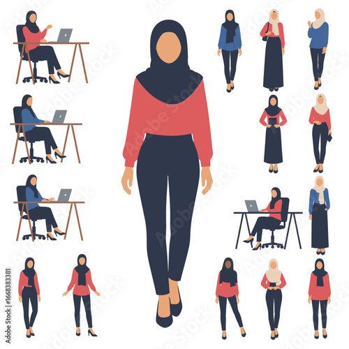 Set of vector elements islamic women hijab fashion style