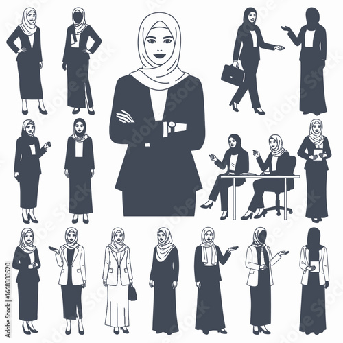 A set of vector elements of formal hijab muslim women with suits