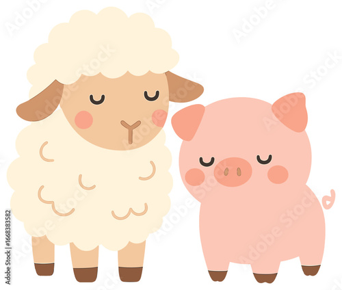 Adorable sheep and pig companions vector - cute farm animal friends illustration for kids
