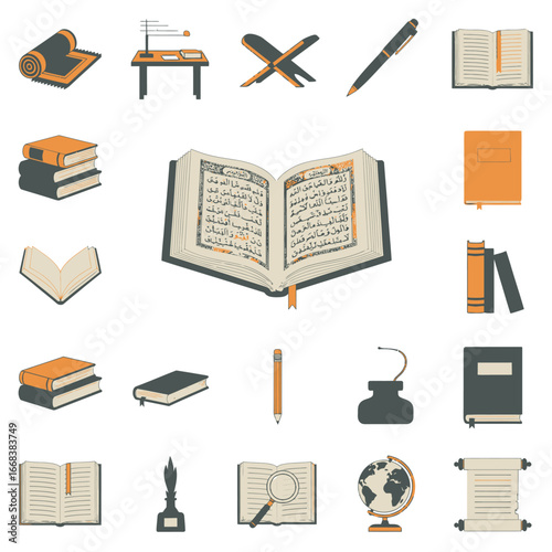 A set of vector elements of the Islamic holy book al Quran, book, pen.
