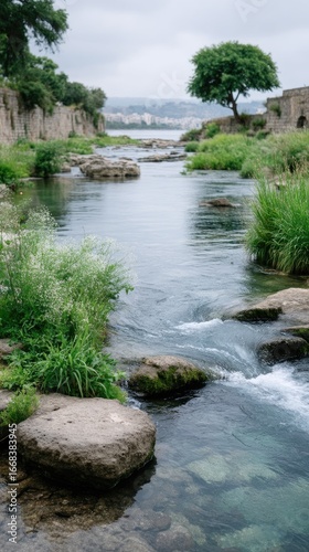 Serene River Flowing Through Lush Green Landscape
