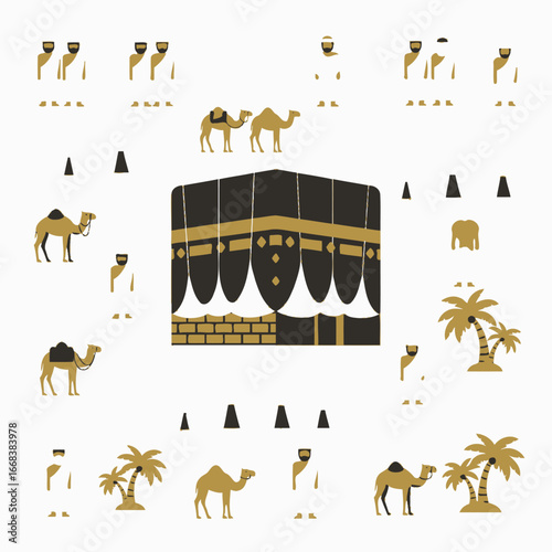 A set of vector elements of kaaba, arab, mecca, camel, haj, islam.
