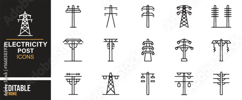 Modern outline electricity post icons showing grids, cables, and power towers.