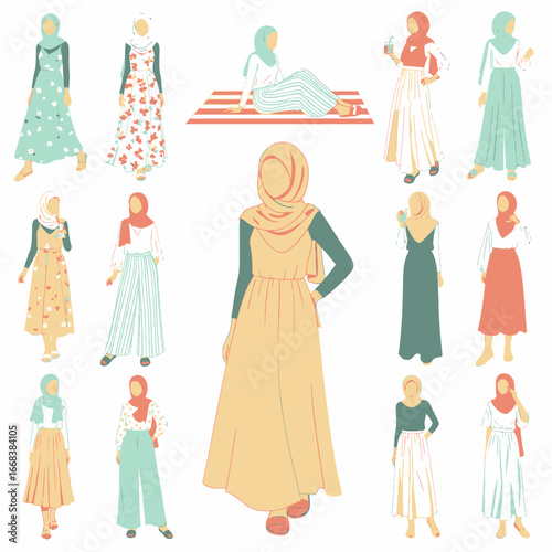 A set of vector elements of islamic women hijab fashion style dress