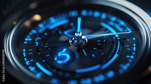 Close-up of a modern clock with blue accents against a dark background.