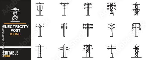 Vector set of electricity post icons with transmission towers, power poles, and utility lines.