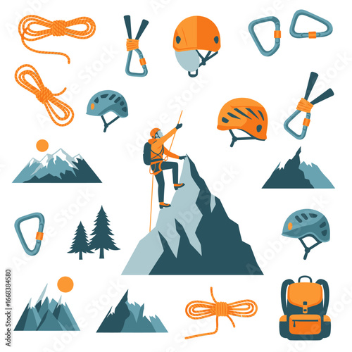 A set of climbing vector elements, climbing equipment, helmets, ropes.
