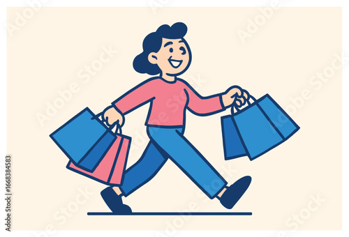 Shopping vector: brisk holiday spree with colorful bags and happy shopper character