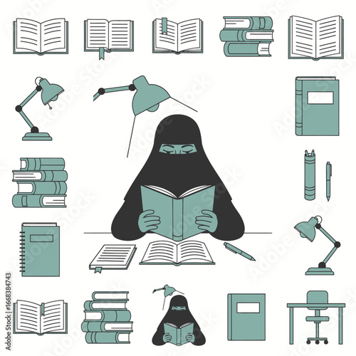 A Muslim woman in a niqab is engrossed in reading a book, surrounded by other books and study materials.  The image depicts education and learning.