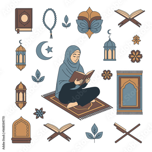 A set of vector elements of Muslim woman hijab praying with lantern ornaments, holy book of Quran, prayer beads.