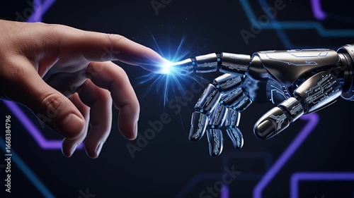 Human hand reaching out to touch the finger of a metallic robot hand, with a bright spark at the point of contact against a tech background.