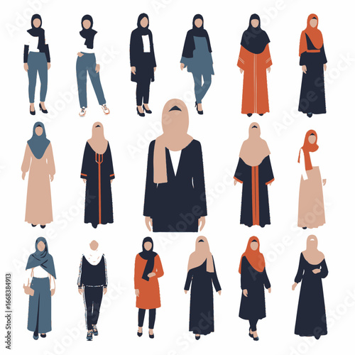 A set of vector elements of islamic women hijab fashion style dress
