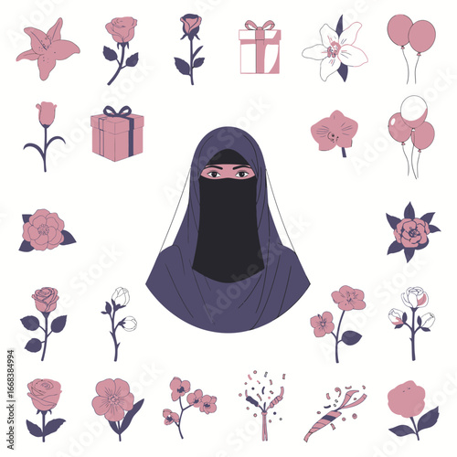 A vibrant illustration featuring a woman in a niqab surrounded by celebratory elements like flowers, gifts, and balloons.