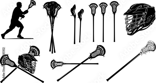 Lacrosse silhouettes, Lacrosse bundle silhouettes, Lacrosse stick silhouettes, Lacrosse helmet silhouette, Lacrosse stick and helmet svg, Lacrosse stick clipart, Lacrosse stick vector illustration.