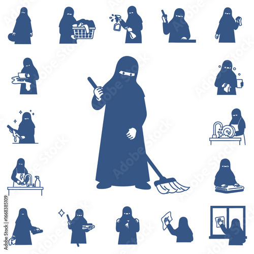 Diverse illustrations of a Muslim woman performing various cleaning tasks.