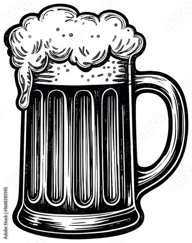 Frothy beer mug vector for oktoberfest celebrations - hand-drawn, vintage, festive design