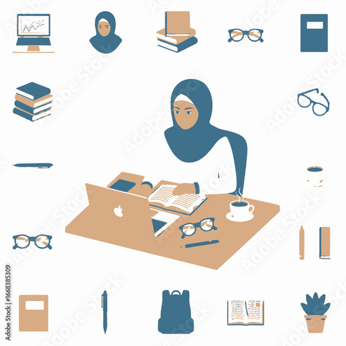 A focused Muslim woman in a hijab studies using a laptop and books.