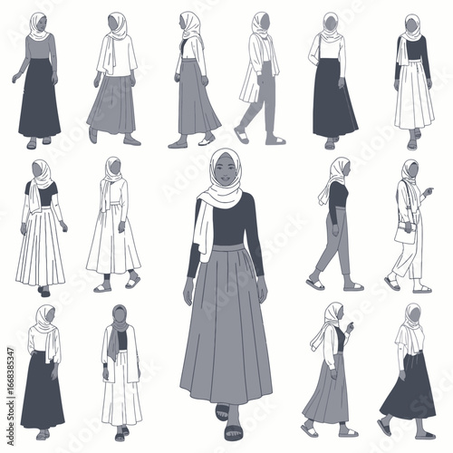 A set of vector elements of islamic women hijab fashion style dress
