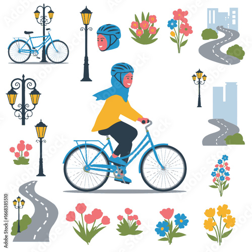 A cheerful woman in a hijab cycles through a vibrant city park, surrounded by flowers and streetlights.