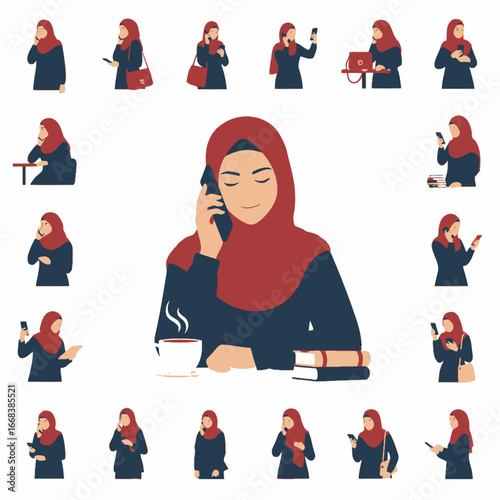 A collection of diverse poses of a Muslim woman using her phone, showcasing various activities and situations.
