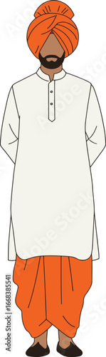 Minimal flat Punjabi man in traditional kurta pajama with orange turban isolated on white background