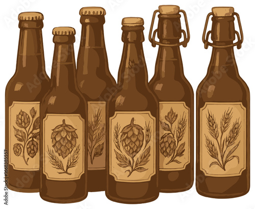 Vintage beer bottles vector: antique ale, rustic labels, craft brew packaging design