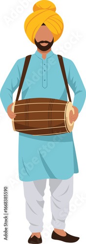 Minimal flat Punjabi man in sky blue kurta pajama with yellow turban holding dhol isolated on white background