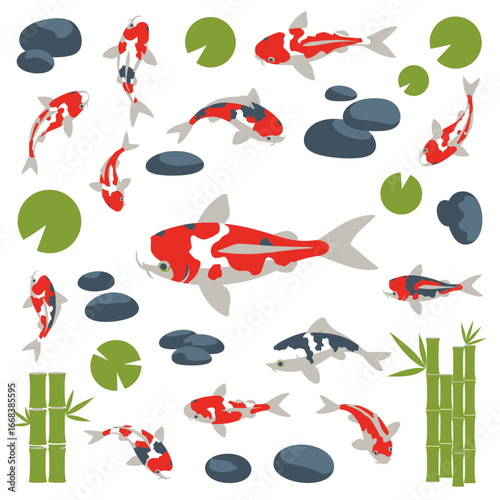 Colorful Koi fish swimming in a serene pond with lily pads and bamboo.