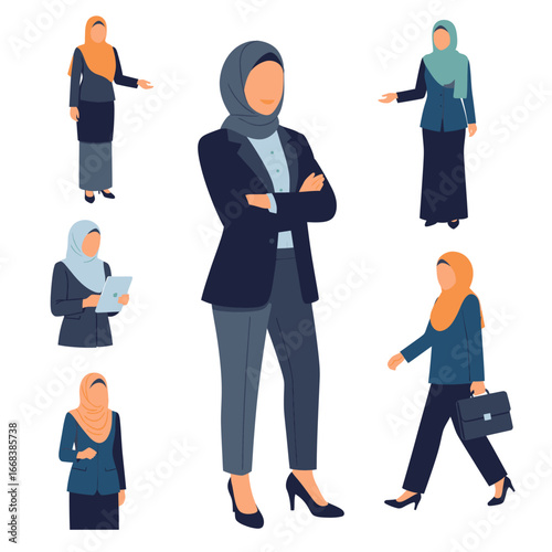 A set of vector elements of islamic women hijab fashion style dress
