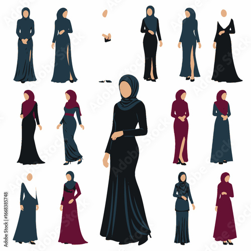 A set of vector elements of islamic women hijab fashion style dress