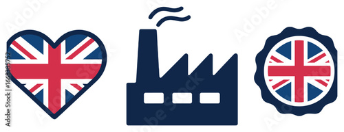 British manufacturing icons vector: industrial symbols and uk pride elements for design