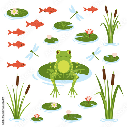 A cheerful green frog sits on a lilypad surrounded by fish, dragonflies, and aquatic plants.