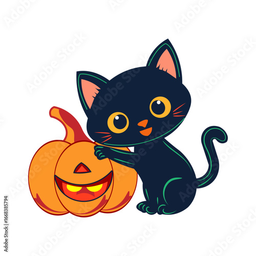 Black Cat with Pumpkin Halloween Illustration
