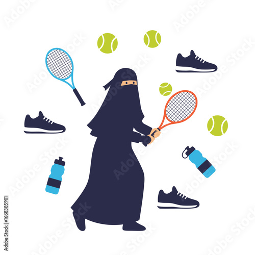 A vibrant illustration of a Muslim woman playing tennis, showcasing health, activity, and empowerment.