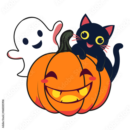 Spooky Halloween Scene Ghost, Black Cat, and Jack-o'-Lantern