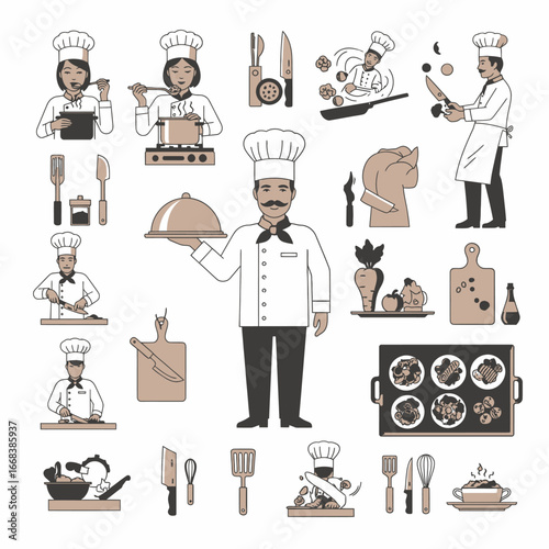 Illustrated guide to cooking, featuring a chef and various culinary tools and dishes.