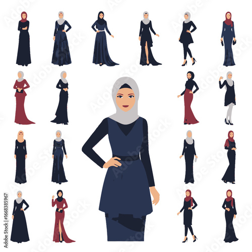 A set of vector elements of islamic women hijab fashion style dress